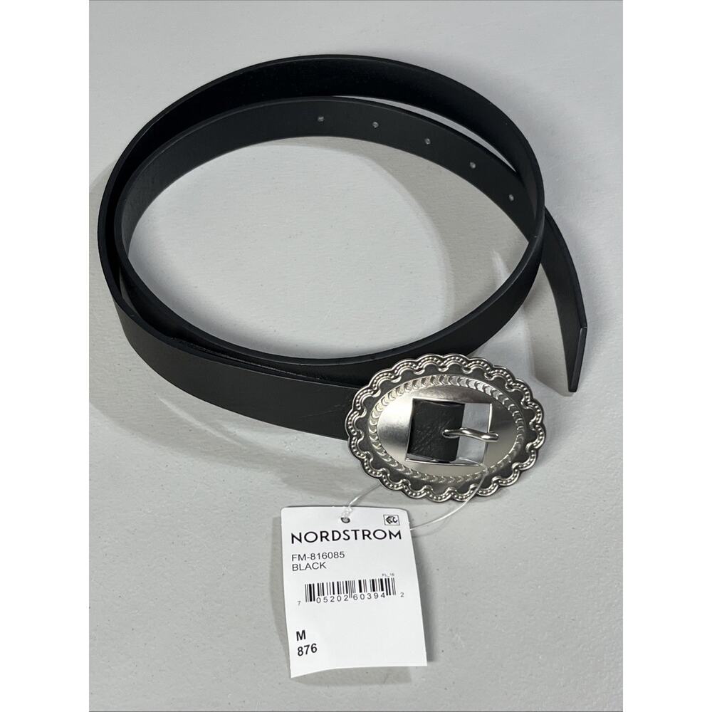 Linea Pelle Concho Buckle Belt Womens Medium Black Faux Leather Western Etched